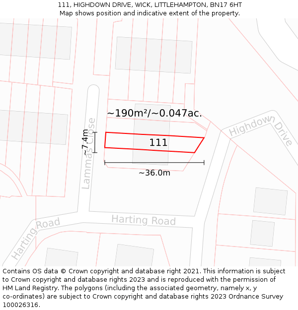 111, HIGHDOWN DRIVE, WICK, LITTLEHAMPTON, BN17 6HT: Plot and title map