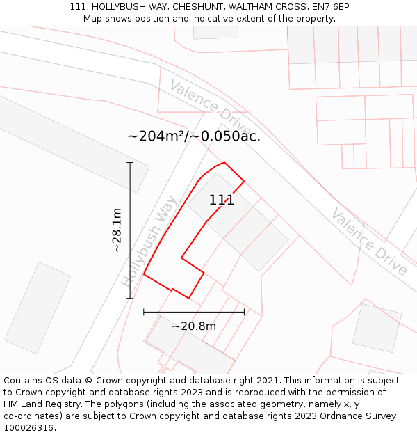 111, HOLLYBUSH WAY, CHESHUNT, WALTHAM CROSS, EN7 6EP: Plot and title map