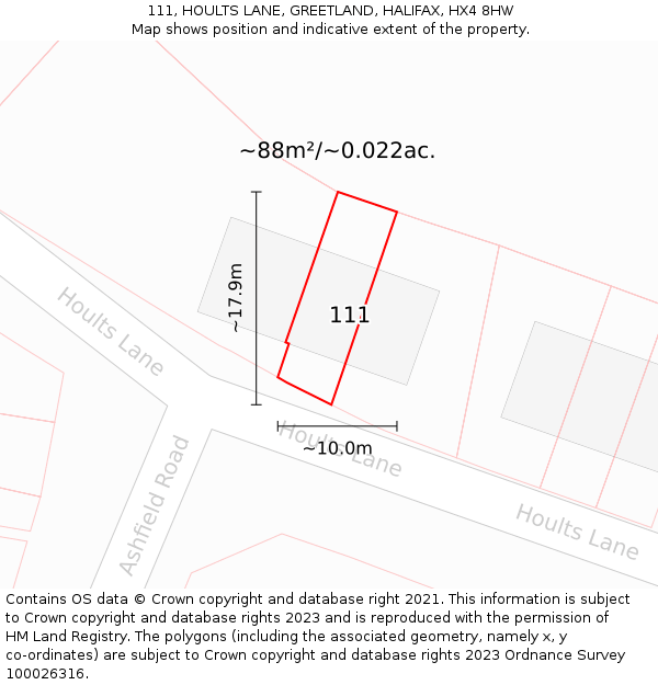 111, HOULTS LANE, GREETLAND, HALIFAX, HX4 8HW: Plot and title map
