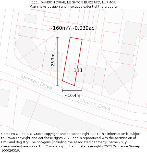111, JOHNSON DRIVE, LEIGHTON BUZZARD, LU7 4QR: Plot and title map