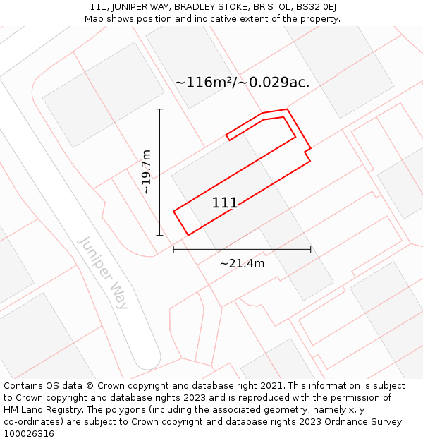 111, JUNIPER WAY, BRADLEY STOKE, BRISTOL, BS32 0EJ: Plot and title map