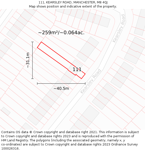 111, KEARSLEY ROAD, MANCHESTER, M8 4QJ: Plot and title map