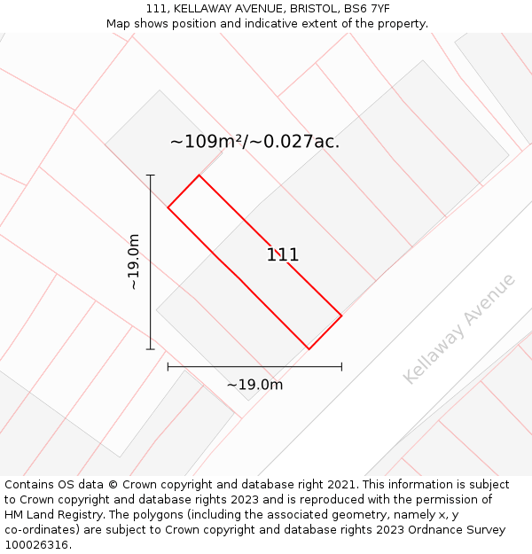 111, KELLAWAY AVENUE, BRISTOL, BS6 7YF: Plot and title map
