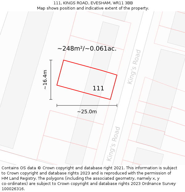111, KINGS ROAD, EVESHAM, WR11 3BB: Plot and title map