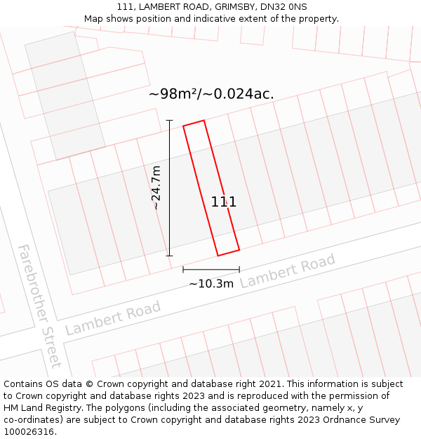 111, LAMBERT ROAD, GRIMSBY, DN32 0NS: Plot and title map