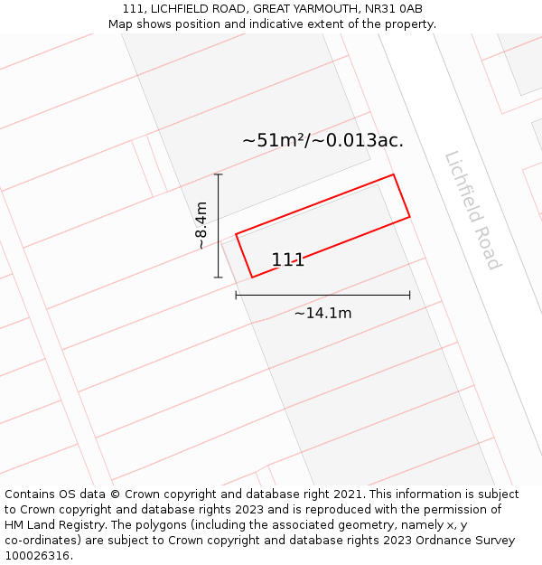 111, LICHFIELD ROAD, GREAT YARMOUTH, NR31 0AB: Plot and title map