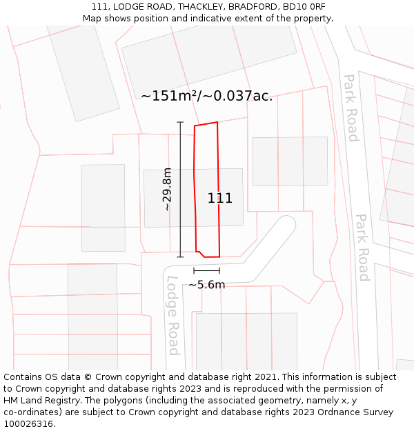 111, LODGE ROAD, THACKLEY, BRADFORD, BD10 0RF: Plot and title map