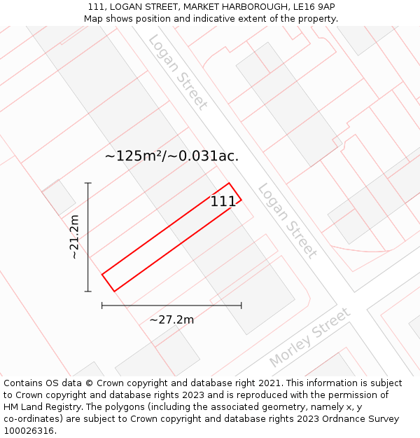 111, LOGAN STREET, MARKET HARBOROUGH, LE16 9AP: Plot and title map