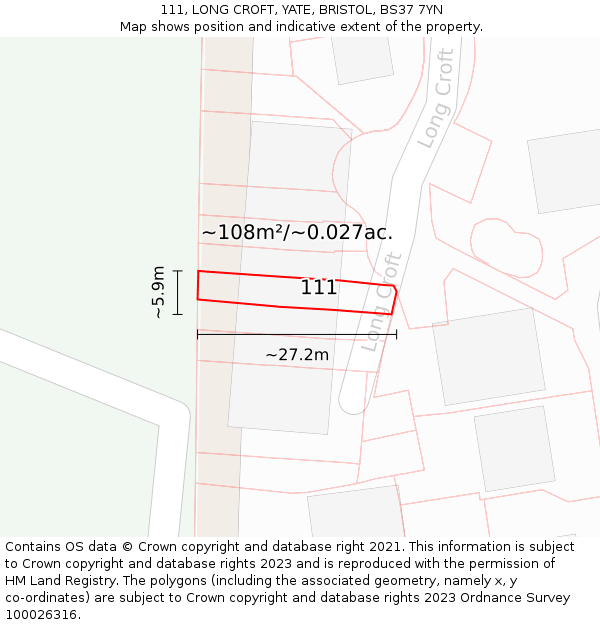 111, LONG CROFT, YATE, BRISTOL, BS37 7YN: Plot and title map