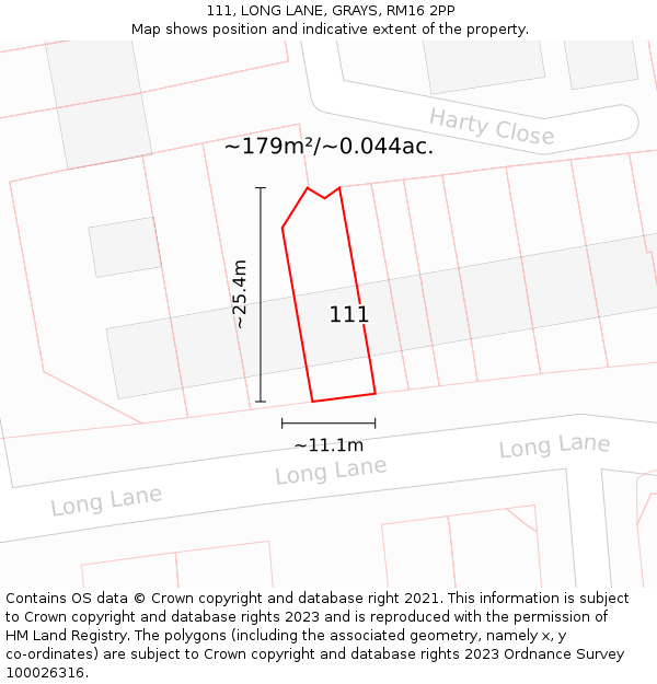 111, LONG LANE, GRAYS, RM16 2PP: Plot and title map