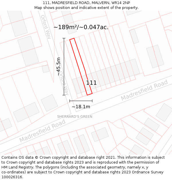 111, MADRESFIELD ROAD, MALVERN, WR14 2NP: Plot and title map