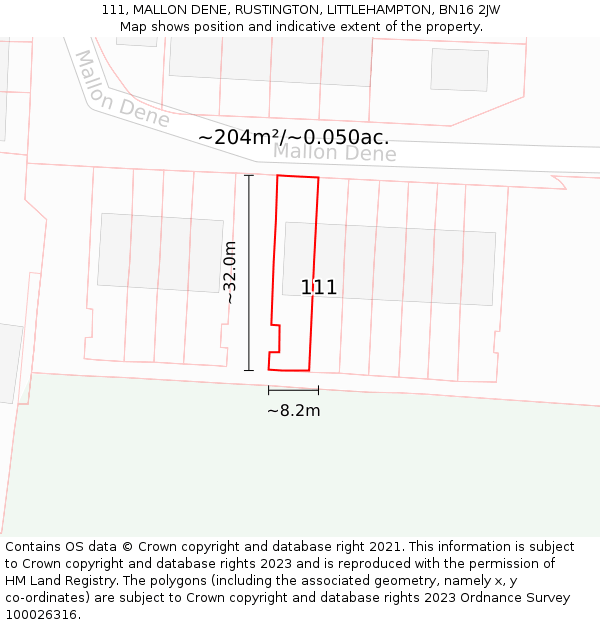 111, MALLON DENE, RUSTINGTON, LITTLEHAMPTON, BN16 2JW: Plot and title map