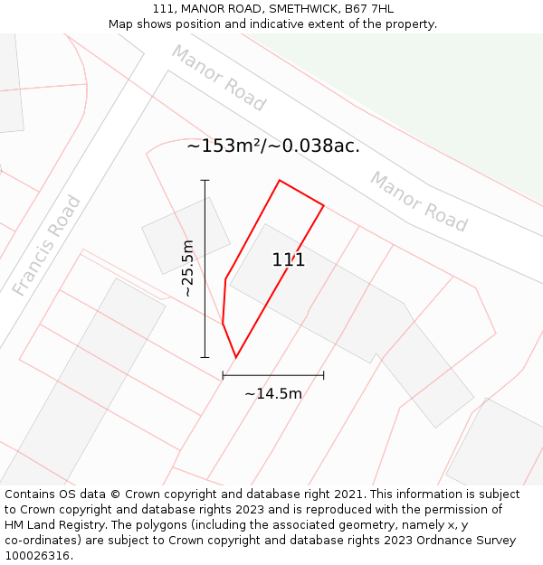 111, MANOR ROAD, SMETHWICK, B67 7HL: Plot and title map