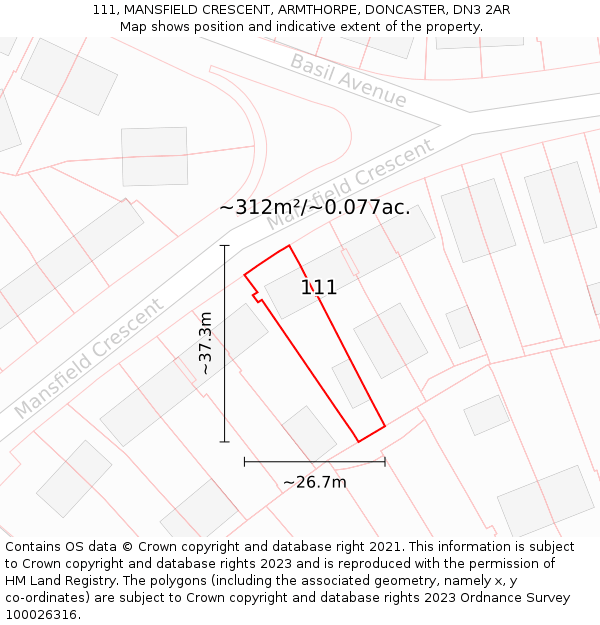 111, MANSFIELD CRESCENT, ARMTHORPE, DONCASTER, DN3 2AR: Plot and title map