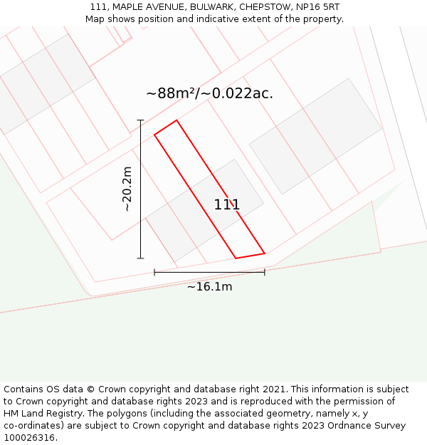 111, MAPLE AVENUE, BULWARK, CHEPSTOW, NP16 5RT: Plot and title map