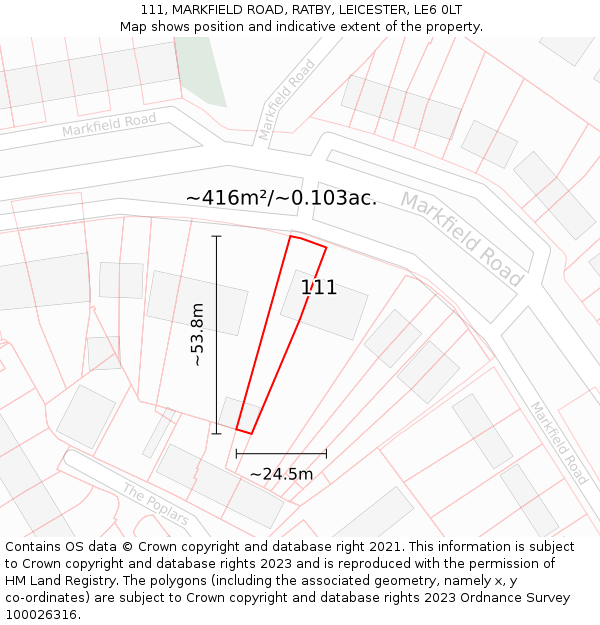 111, MARKFIELD ROAD, RATBY, LEICESTER, LE6 0LT: Plot and title map
