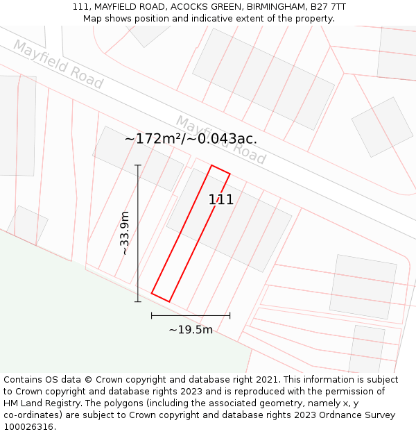 111, MAYFIELD ROAD, ACOCKS GREEN, BIRMINGHAM, B27 7TT: Plot and title map