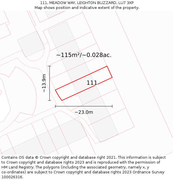 111, MEADOW WAY, LEIGHTON BUZZARD, LU7 3XP: Plot and title map