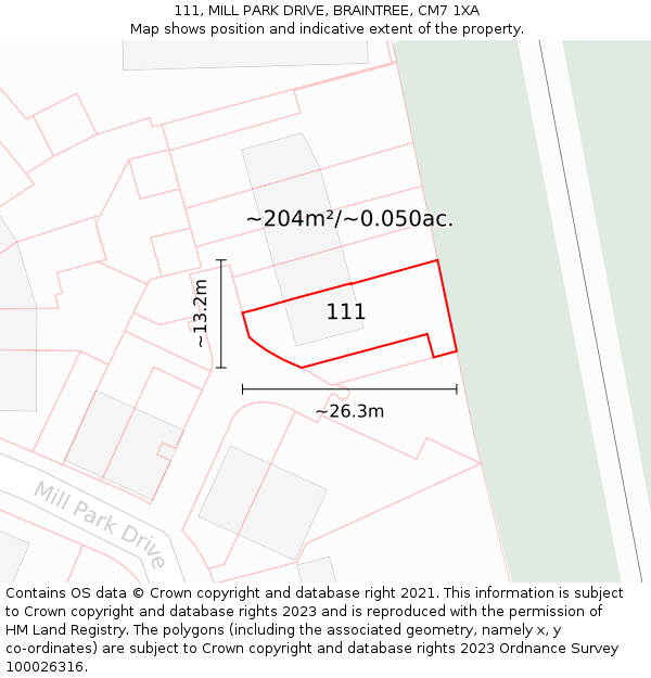 111, MILL PARK DRIVE, BRAINTREE, CM7 1XA: Plot and title map