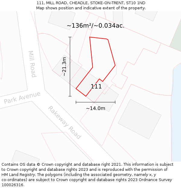111, MILL ROAD, CHEADLE, STOKE-ON-TRENT, ST10 1ND: Plot and title map