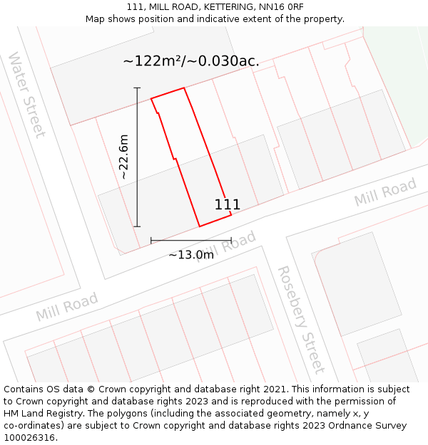 111, MILL ROAD, KETTERING, NN16 0RF: Plot and title map