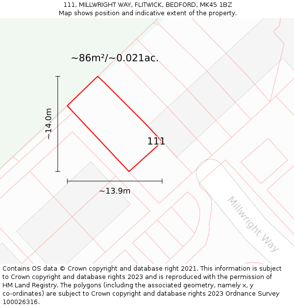 111, MILLWRIGHT WAY, FLITWICK, BEDFORD, MK45 1BZ: Plot and title map