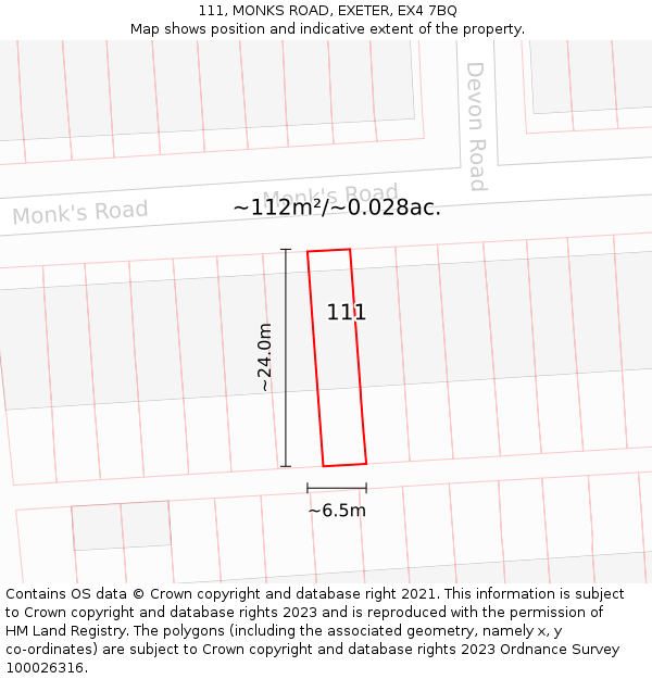 111, MONKS ROAD, EXETER, EX4 7BQ: Plot and title map