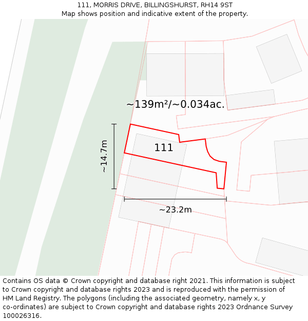 111, MORRIS DRIVE, BILLINGSHURST, RH14 9ST: Plot and title map