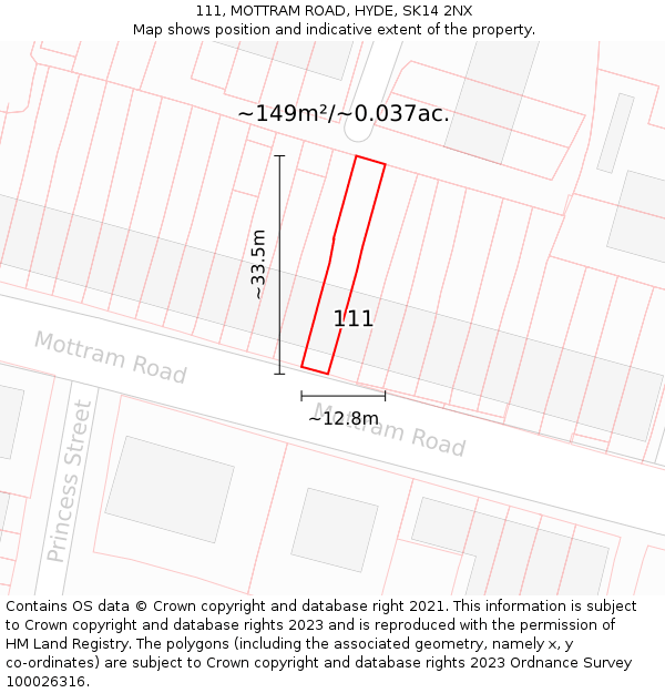 111, MOTTRAM ROAD, HYDE, SK14 2NX: Plot and title map