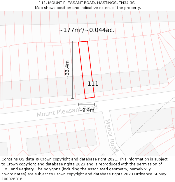 111, MOUNT PLEASANT ROAD, HASTINGS, TN34 3SL: Plot and title map
