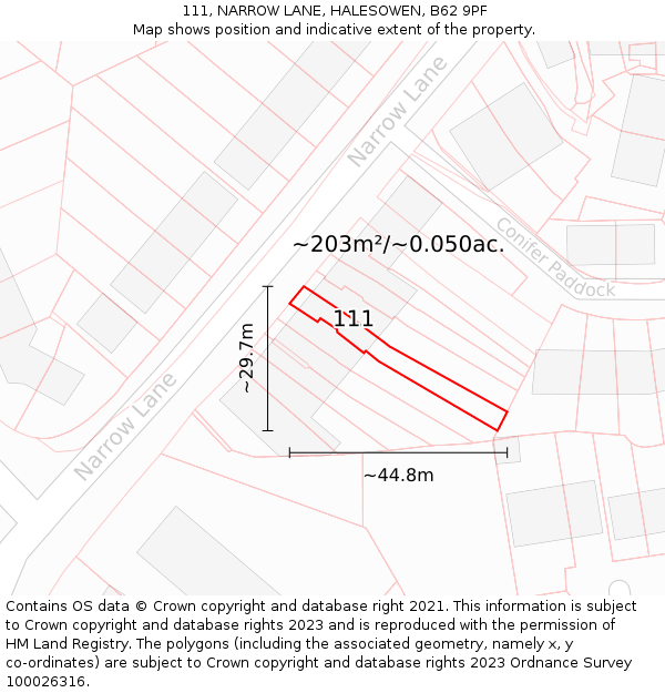 111, NARROW LANE, HALESOWEN, B62 9PF: Plot and title map