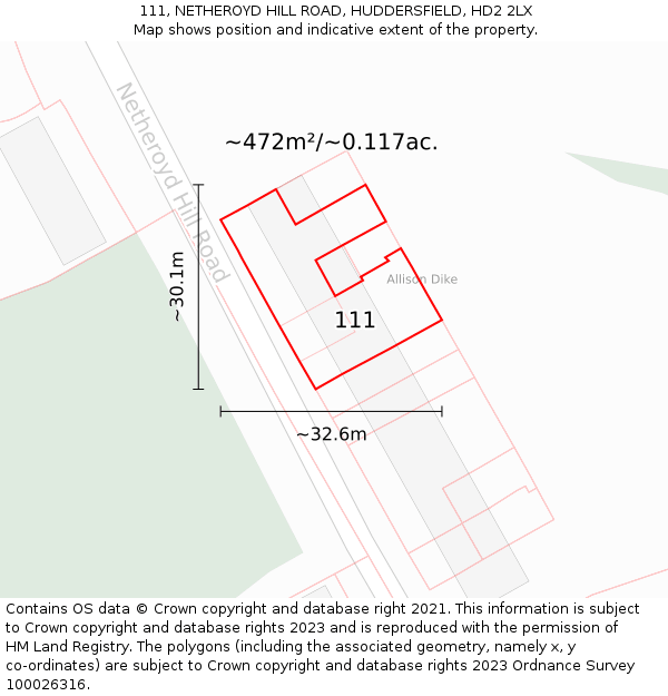 111, NETHEROYD HILL ROAD, HUDDERSFIELD, HD2 2LX: Plot and title map