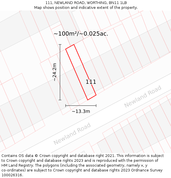 111, NEWLAND ROAD, WORTHING, BN11 1LB: Plot and title map