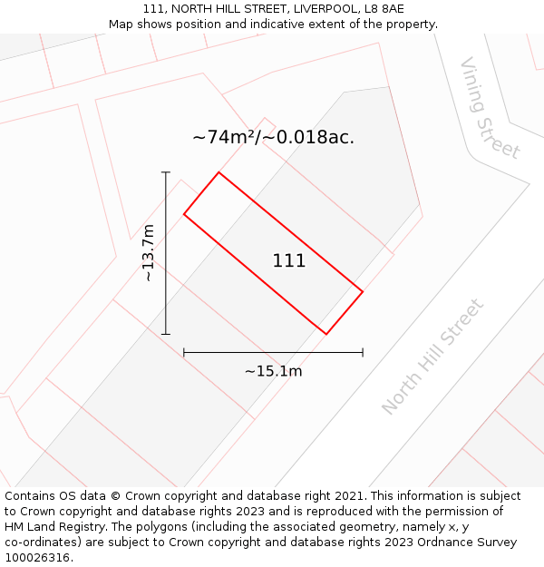 111, NORTH HILL STREET, LIVERPOOL, L8 8AE: Plot and title map