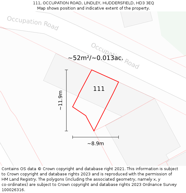 111, OCCUPATION ROAD, LINDLEY, HUDDERSFIELD, HD3 3EQ: Plot and title map