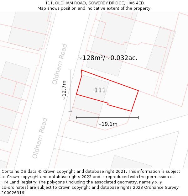 111, OLDHAM ROAD, SOWERBY BRIDGE, HX6 4EB: Plot and title map