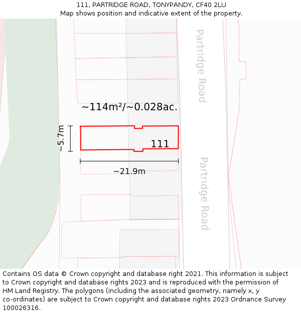 111, PARTRIDGE ROAD, TONYPANDY, CF40 2LU: Plot and title map
