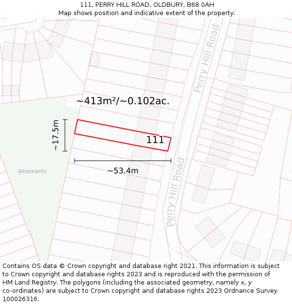 111, PERRY HILL ROAD, OLDBURY, B68 0AH: Plot and title map