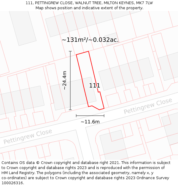 111, PETTINGREW CLOSE, WALNUT TREE, MILTON KEYNES, MK7 7LW: Plot and title map