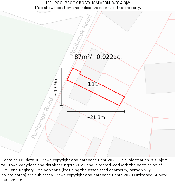 111, POOLBROOK ROAD, MALVERN, WR14 3JW: Plot and title map