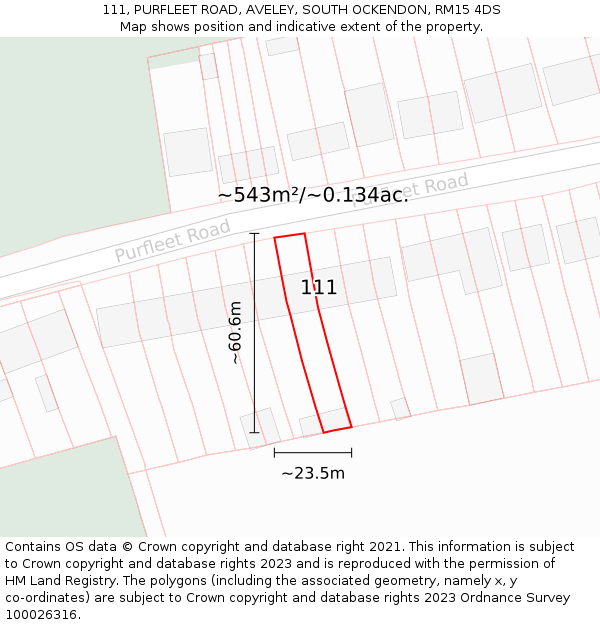 111, PURFLEET ROAD, AVELEY, SOUTH OCKENDON, RM15 4DS: Plot and title map