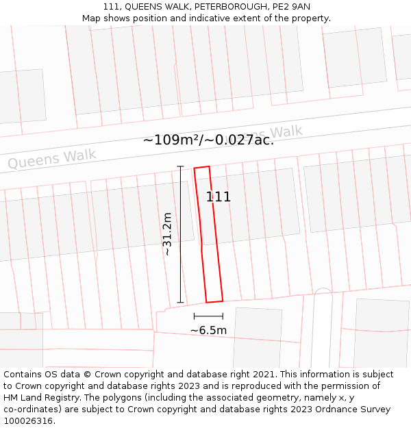 111, QUEENS WALK, PETERBOROUGH, PE2 9AN: Plot and title map
