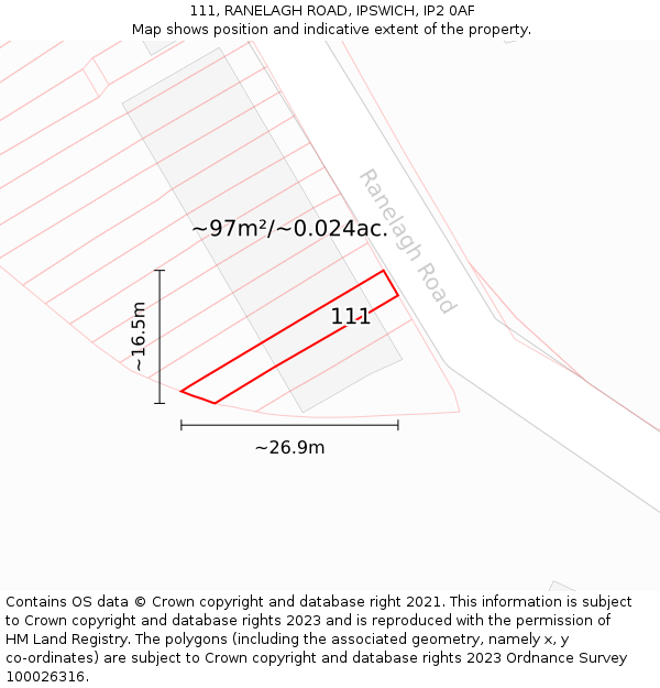 111, RANELAGH ROAD, IPSWICH, IP2 0AF: Plot and title map