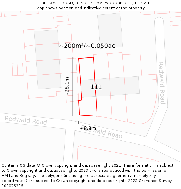 111, REDWALD ROAD, RENDLESHAM, WOODBRIDGE, IP12 2TF: Plot and title map