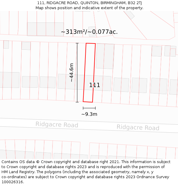 111, RIDGACRE ROAD, QUINTON, BIRMINGHAM, B32 2TJ: Plot and title map