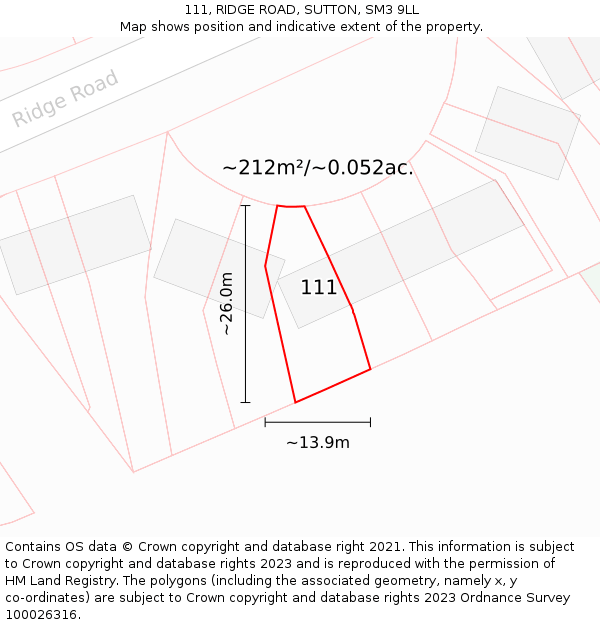 111, RIDGE ROAD, SUTTON, SM3 9LL: Plot and title map