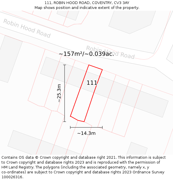 111, ROBIN HOOD ROAD, COVENTRY, CV3 3AY: Plot and title map