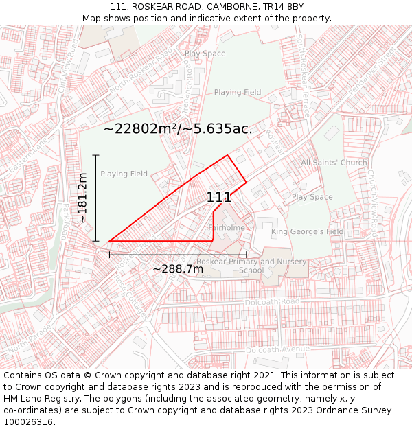 111, ROSKEAR ROAD, CAMBORNE, TR14 8BY: Plot and title map