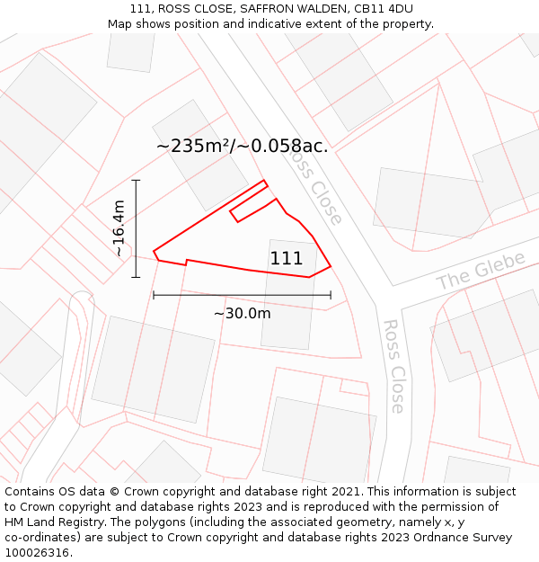 111, ROSS CLOSE, SAFFRON WALDEN, CB11 4DU: Plot and title map