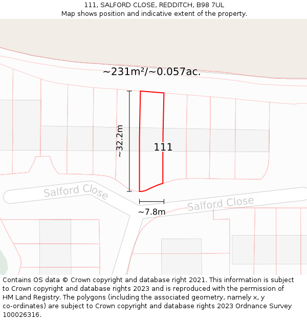 111, SALFORD CLOSE, REDDITCH, B98 7UL: Plot and title map